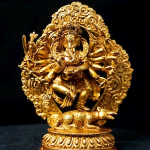 Hinduism Buddhism 12 Hand Dancing Lord Ganesh Ganesha Gold Plated Copper Statue Sculpture Figure Nepal free
