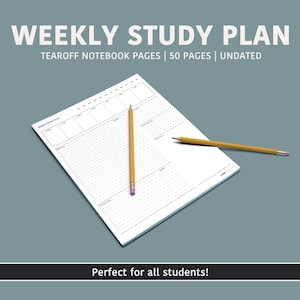 May include: A white tear-off notebook with a weekly study plan layout, featuring spaces for daily schedules. Two yellow pencils are placed on the notebook. The text on the notebook reads "WEEKLY STUDY PLAN".