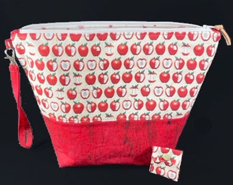 Knitting Large Zippered Wedge Project Bag - "Farm Fresh Apples" w/detachable handle! (V)