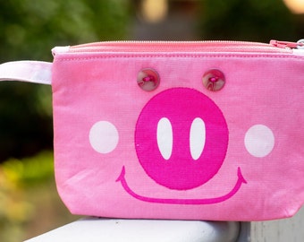 Knitting Project Bag - "Pink Piggy" Zippered Notions Bag made from a Face Mask Blank;  PERFECT for a Swap Package! (V) *with zipper pull