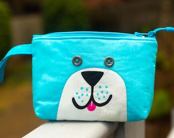 Knitting Project Bag - "Blue Dog" Zippered Notions Bag made from a Face Mask Blank;  PERFECT for a Swap Package! (V) *with zipper pull