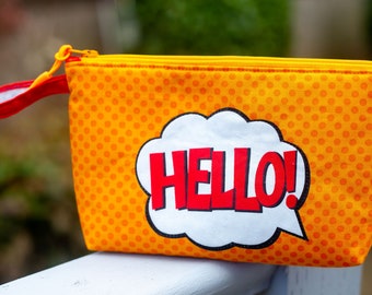 Knitting Project Bag - "Orange Hello" Zippered Notions Bag;  PERFECT for a Swap Package! (V) *with zipper pull