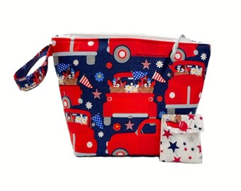 Knitting Project Bag - NEW!  "Patriotic Red Truck" Zippered Wedge Project Bag;  PERFECT for a Swap Package! (V)