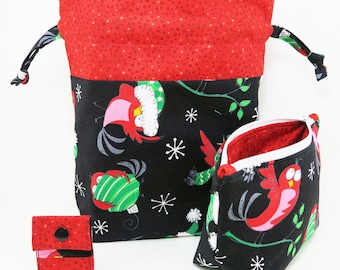 Knitting Project Bag - New! "Christmas Birds" 2 Piece Set Knitting Project Bag (V)