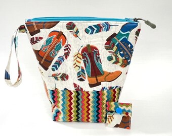 Knitting Project Bag - Wedge Style Bag with loop handle. "Southwestern Boots & Feathers" 2 Tone (V)