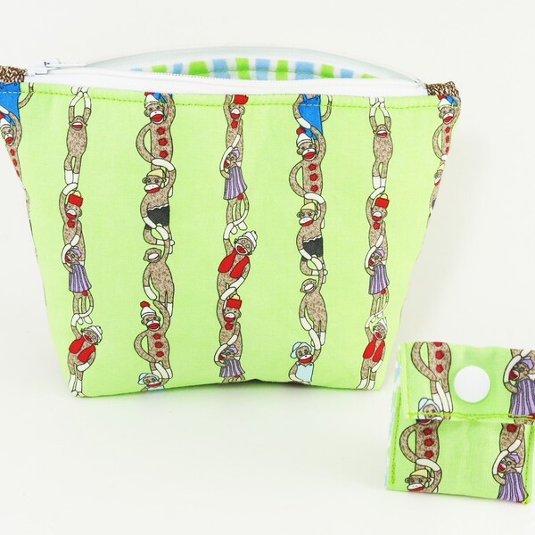 Knitting Project Bag - NEW!  "Green Sock Monkey" Zippered Large Notions Wedge Bag;  PERFECT for a Swap Package! (V)