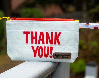 Knitting Project Bag - "Thank You" Zippered Notions Bag made from a Face Mask Blank;  PERFECT for a Swap Package! (V) *with zipper pull