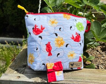 Knitting Project Bag - "Birds & Flowers" Zippered Project Bag;  PERFECT for a Swap Package! (V) *with zipper pull