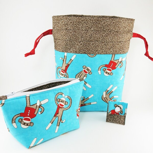 Knitting Project Bag - New! "Sock Monkey Turquoise" 2 Piece Set Knitting Project Bag (V)