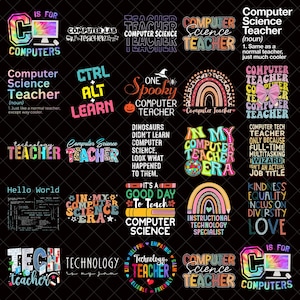 May include: A collection of colorful graphic designs with text related to computer science and teaching. Designs include rainbows, pumpkins, and phrases like "Computer Science Teacher" and "Hello World".