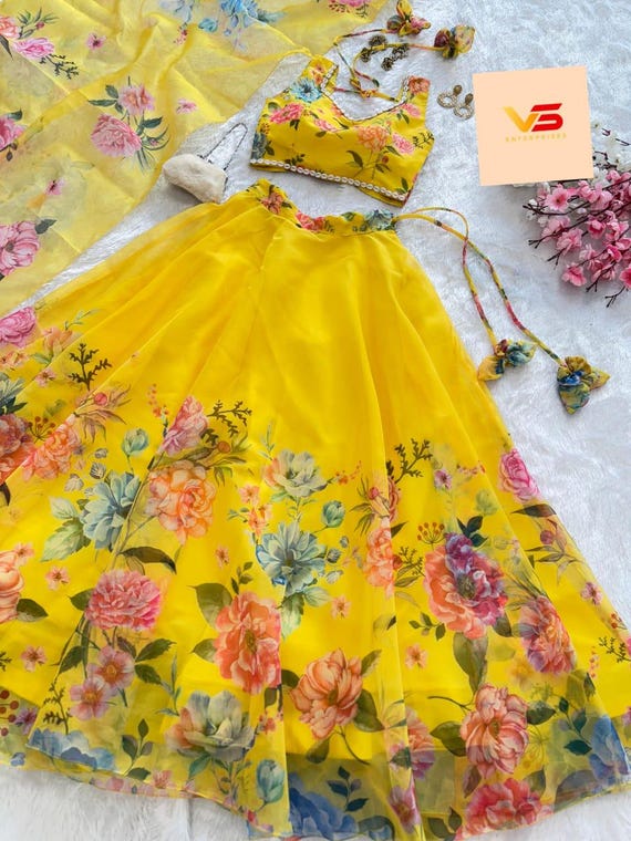 Floral Print Organza Lehenga: Haldi Wedding Party Dress