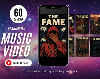 May include: A smartphone displays a graphic for "THE FAME" music video, featuring a person in a red hoodie. Additional graphics include "THE JERK", "THE WORK", "THE FRIENDS", and "THE FOES". Text reads "AI ANIMATED MUSIC VIDEO" and "Ready to Post".