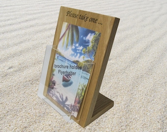 Brochure holder 8.5" x 5.5" 139.7 x 215.9 mm portrait format wood oak acrylic personalization postcard holder display stand flyer holder
