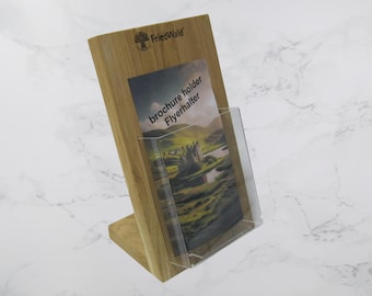 Brochure holder 7.7" x 4.3" 109.22 x 195.58 mm portrait format wood oak acrylic personalization postcard holder display stand flyer holder