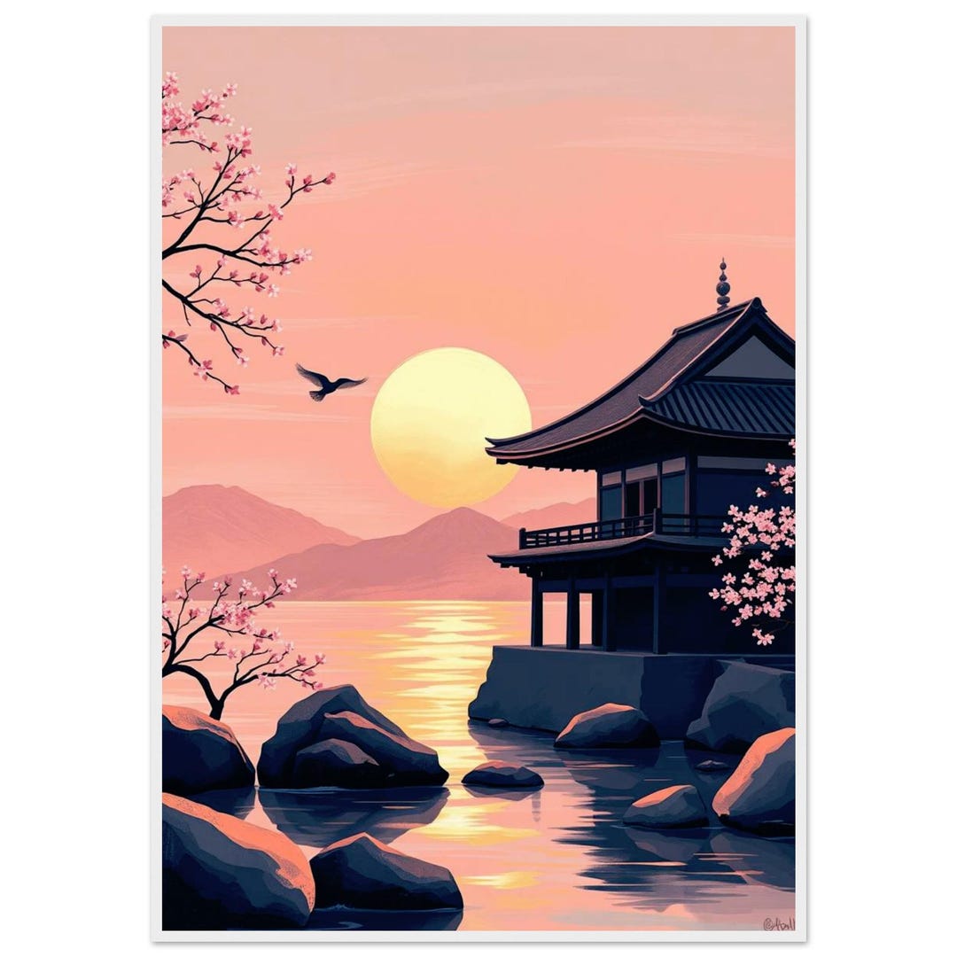 Serene Japanese Sunset Temple Poster | Minimalist Framed Wall Art ...