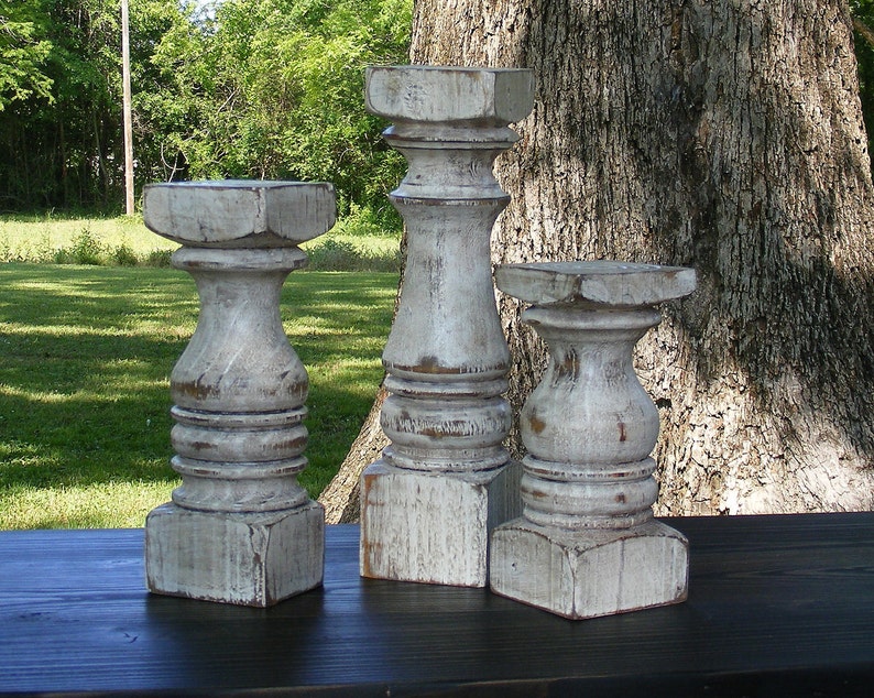 FREE SHIPPINGBalustrade Candlesticks set of 3 Short Handcrafted Shabby White image 2