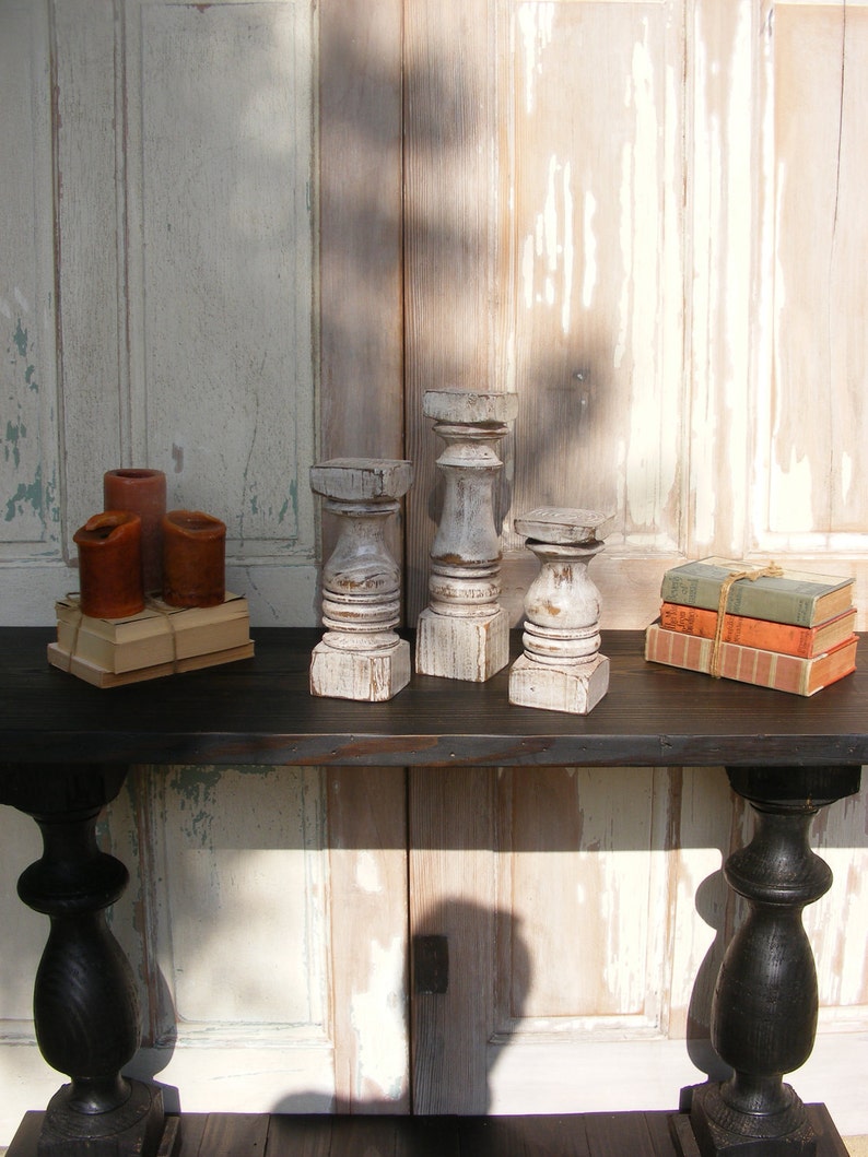 FREE SHIPPINGBalustrade Candlesticks set of 3 Short Handcrafted Shabby White image 4