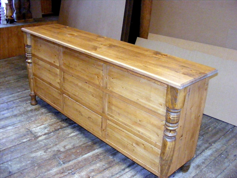 Solid Pine 9 Drawer Dresser Rustic Pine Finish Handcrafted Legs