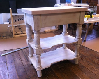 Small Distressed Ivory Kitchen Island 2 Inch Maple Top Beautiful Hand Carved Legs