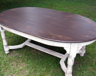 Oval Dining Table Completely Handcrafted Distress Brown Top and Distressed Ivory Bottom