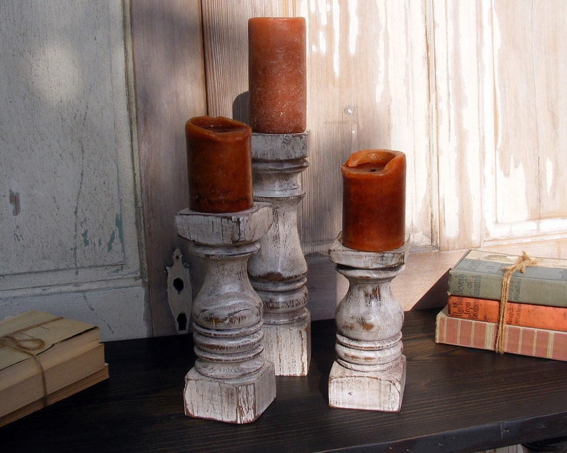 FREE SHIPPINGBalustrade Candlesticks set of 3 Short Handcrafted Shabby White image 1