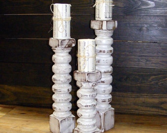 FREE SHIPPINGBalustrade Distressed White Knobby Candlesticks (tall set of 3) Handcrafted