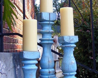 FREE SHIPPINGFunky Balustrade Candlesticks (set of 3) Shabby Harbor Blue