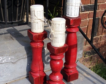 Candlesticks (set of 3) Handcrafted Shabby Red  One of A Kind