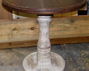 Handcrafted Pedestal Table Distressed Brown and Ivory With Balustrade Leg