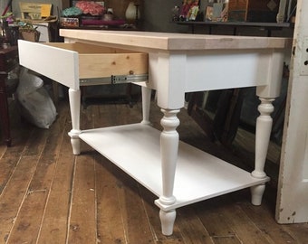 Farmhouse Country White Kitchen Island With A Solid Maple Top