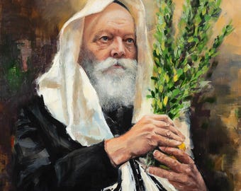Druk giclée przedstawiający rabina z Lubawiczów używającego swojego lulawu w Sukkot – oryginalny obraz izraelskiego artysty