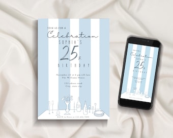 Puede incluir: Una invitación de cumpleaños a rayas azules y blancas con el texto "Join us for a Celebration, Sophia's 25th Birthday". Un smartphone muestra el mismo diseño. La invitación incluye detalles del evento e información de RSVP.