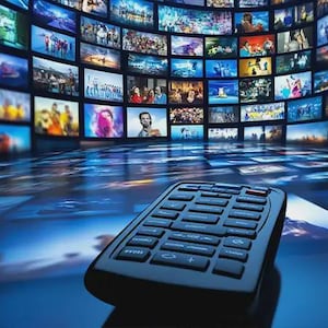 May include: A black remote control with numerous buttons is in the foreground. Behind it, a wall of screens displays various images, creating a visual representation of entertainment and media content. The scene is bathed in blue light.