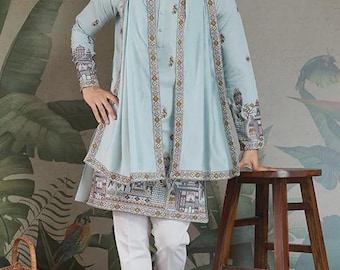 Traditional Sky Color Embroidered Kurta Pajama Set for Men