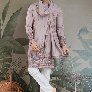 Traditional Dusty Pink Embroidered Kurta Dupatta with Pajama