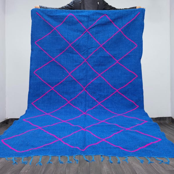 Handmade Blue Moroccan Kilim Rug, Pink Geometric Zanafi Carpet