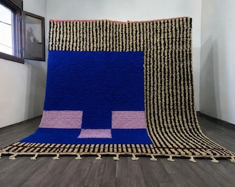 Light Blue Moroccan Rug – Handwoven Beni Ourain Wool Shag with Modern Geometric Pattern