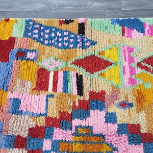 May include: Close-up of a colorful, textured rug with a patchwork design. The rug features a variety of shapes and patterns in shades of blue, red, yellow, pink, and green. The rug's texture is thick and plush.