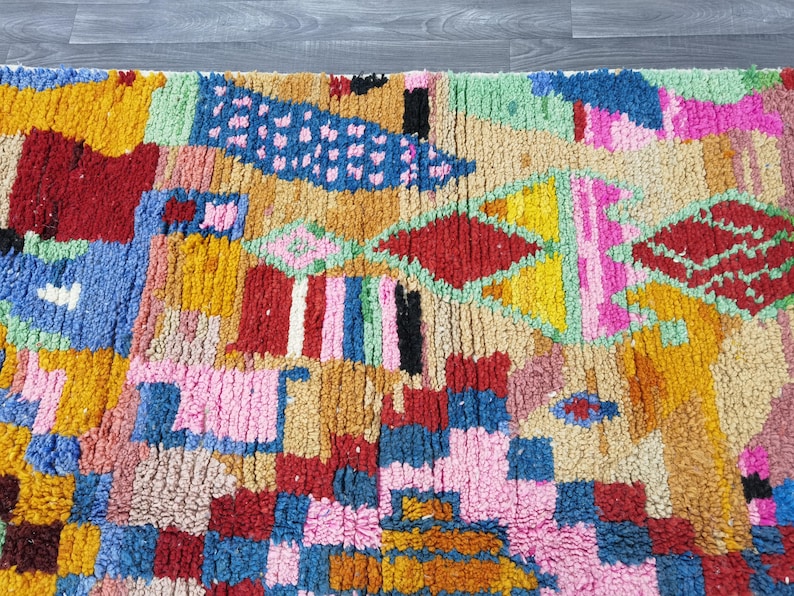May include: Close-up of a colorful, textured rug with a patchwork design. The rug features a variety of shapes and patterns in shades of blue, red, yellow, pink, and green. The rug's texture is thick and plush.