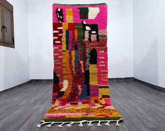 Handgemaakt wollen berberloper, roze kleurrijk boho vloerkleed