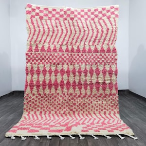 Handmade White & Pink Beni Ourain Rug: Moroccan Wool Area Rug