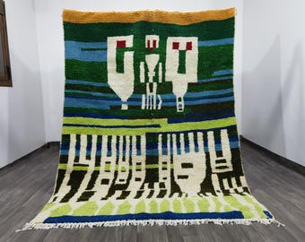 Handmade Green Wool Berber Rug, Bohemian Style