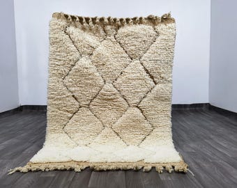 Alfombra Beni Ourain hecha a mano, alfombra marroquí mullida, lana blanca.