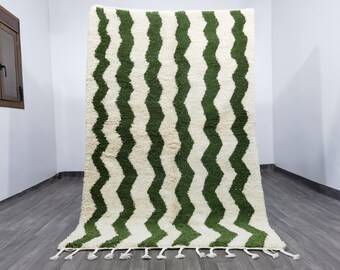 Handmade Green Striped Wool Rug, Custom Moroccan Beni Ourain Style