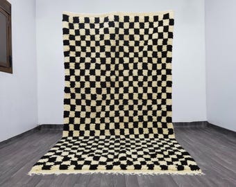 Checkered Black Rug - Large Black & White Checkered Moroccan Rug - Hand-Knotted Wool Berber Carpet