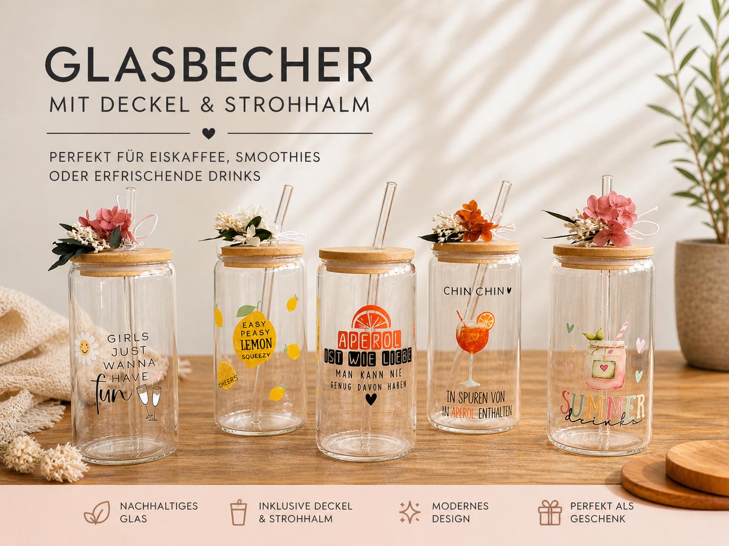 Glasbecher mit Deckel & Strohhalm – Trinkglas mit Bambusdeckel – Iced Coffee Glas – Smoothie Becher – Geschenkidee Sommer – Glas mit Motiv
