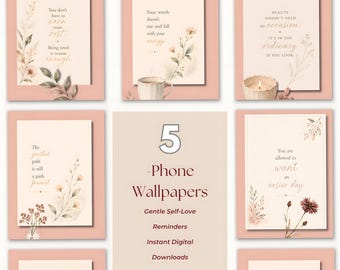 植物柄のスマホ壁紙、ロック画面の引用句セット、イラスト入りデザイン5点