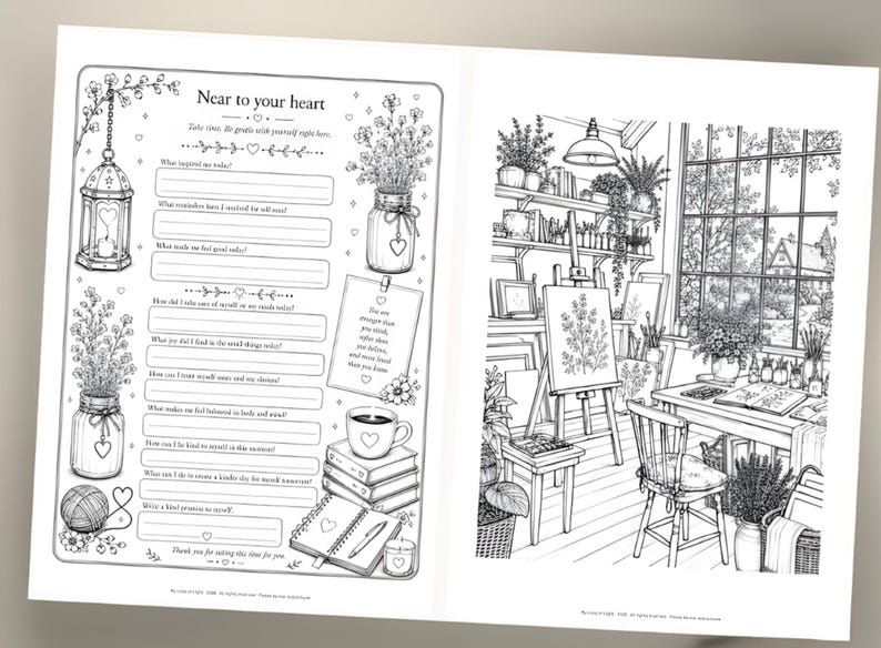Mindfulness Coloring Journal, 70 Page Self Care Book, Gentle Prompts (Digital Download)