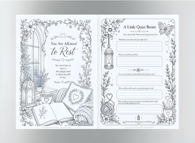 Mindfulness Coloring Journal, 70 Page Self Care Book, Gentle Prompts (Digital Download)