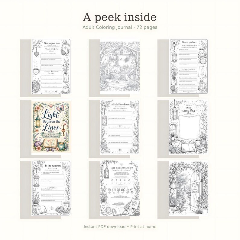 Mindfulness Coloring Journal, 70 Page Self Care Book, Gentle Prompts (Digital Download)